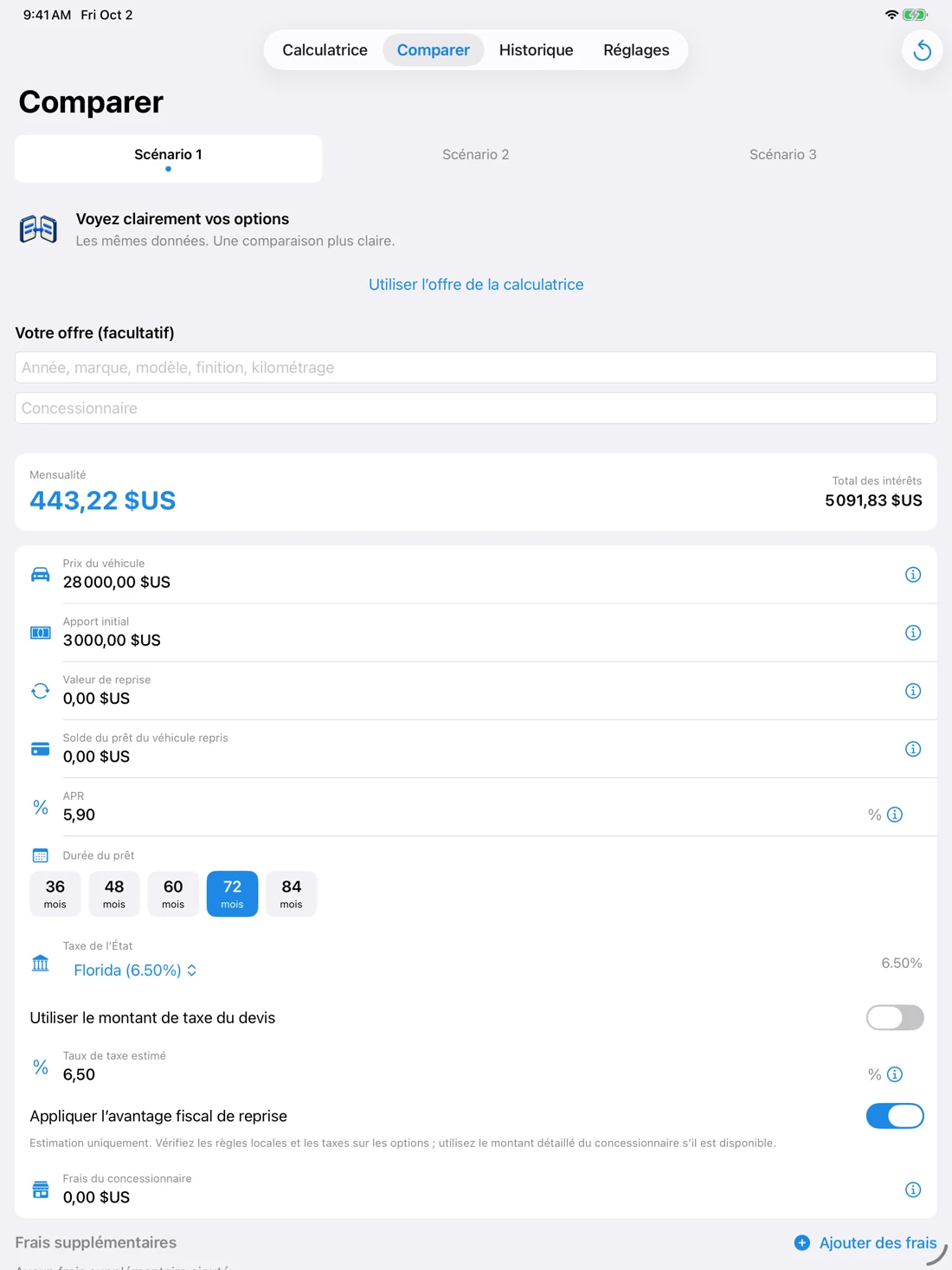 Comparaison sur iPad